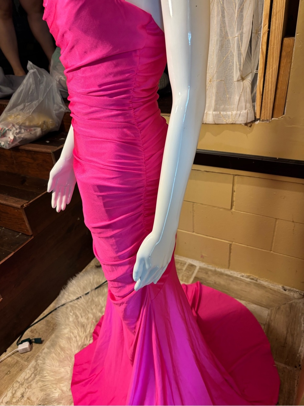 Hot Pink Ruched Spaghetti-Strap Prom Gown - Picture 6 of 12